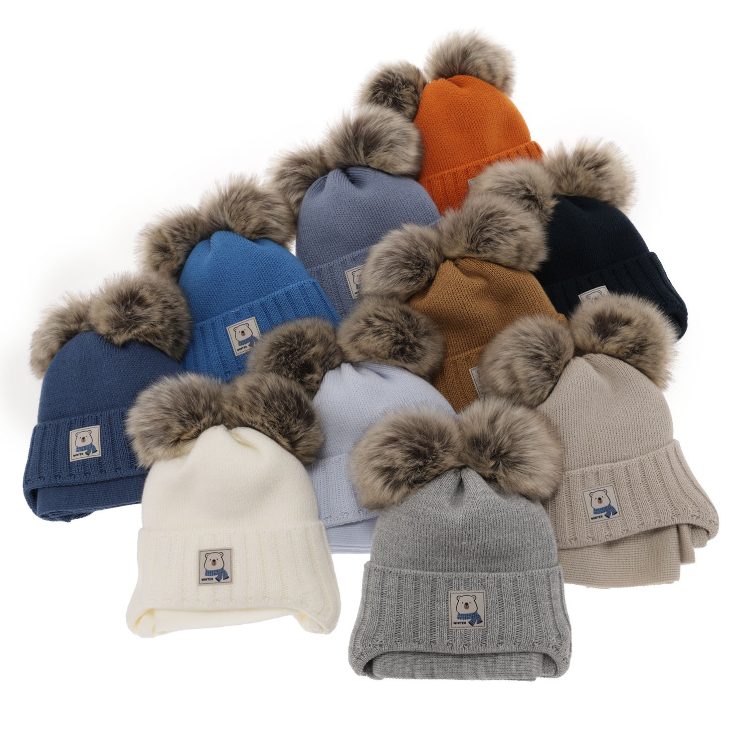 Pojke vinter set: mössa och halsduk, beige, med två pompommar, Jewel