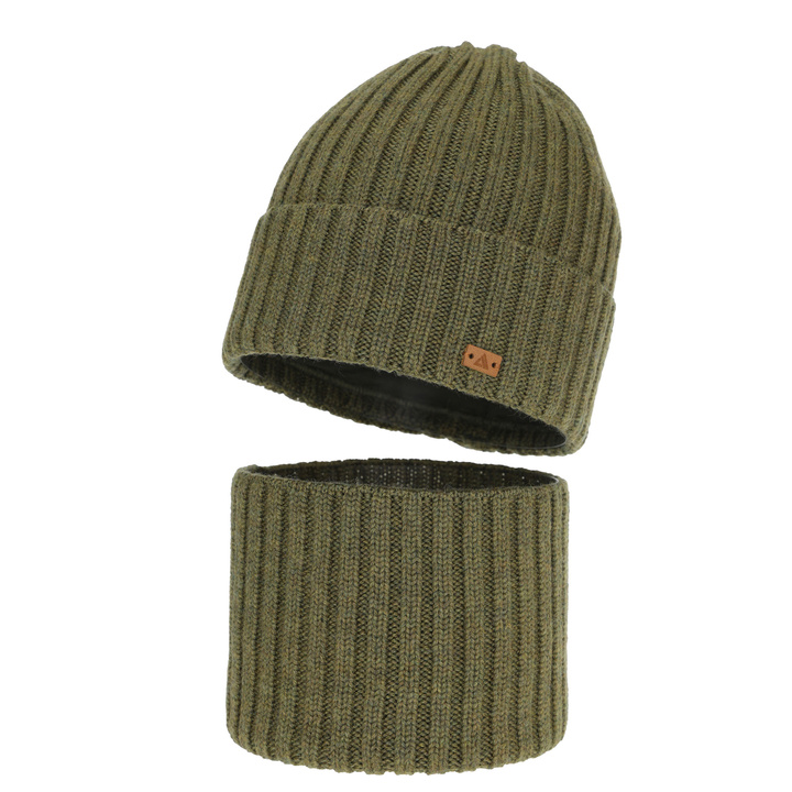 Pojke vinter set: mössa och tubhalsduk, khaki, 100% Merino Ull, Umberto