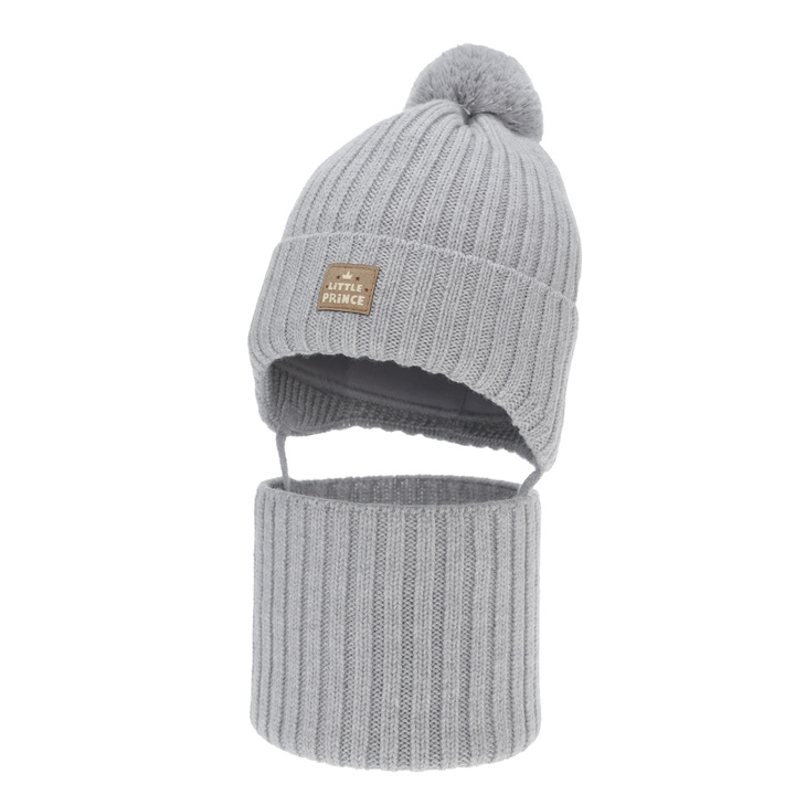 Pojke vinter set: mössa och tubhalsduk, grå, 100% Merino Ull, fodrad med bomull, med knytband, Masil