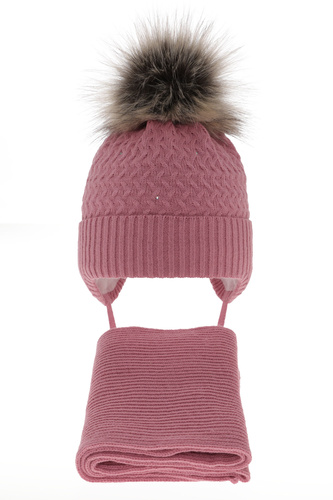 Flicka vinter set: mössa och halsduk, rosa, med pompom, Zelta