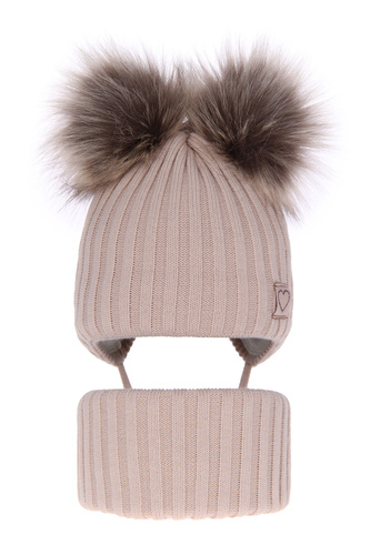 Flicka vinter set: mössa och tubhalsduk, beige, med två pompommar, wiązany, Telisa