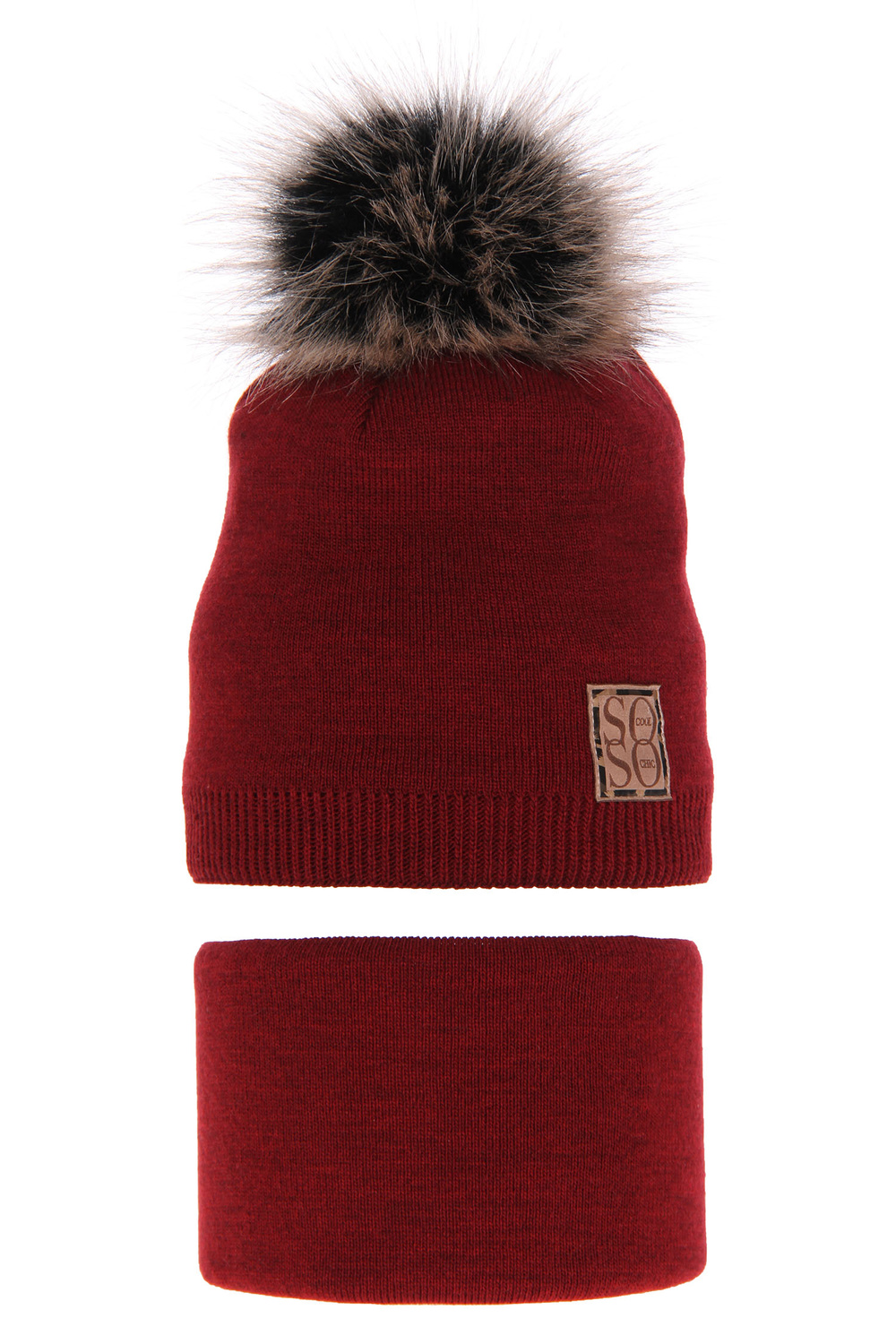 Flicka vinter set: mössa och tubhalsduk, bordó, med pompom, Apolinka