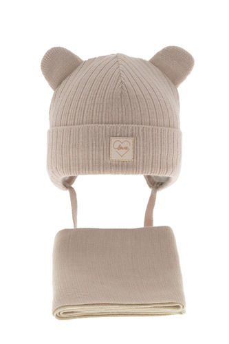 Flicka vinter set: mössa och halsduk, beige, med knytband, Antola