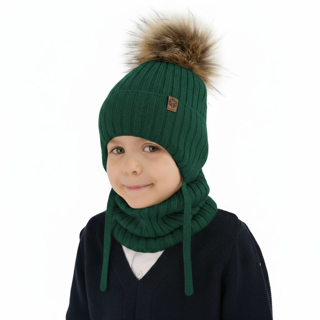 Pojke vinter set: mössa och halsduk, grön, med knytband, 100% Merino Ull, Juno