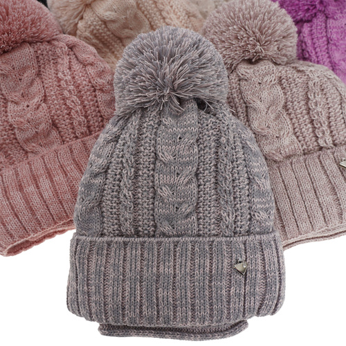 Flicka vinter set: mössa och halsduk, mörkgrå, med pompom, Maroko