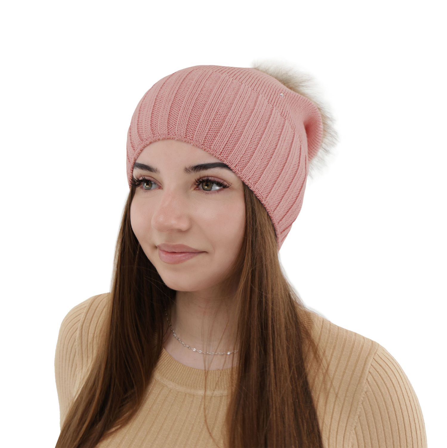 Dam vintermössa, rosa, med pompom, med merinull, Malga