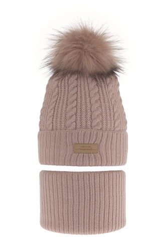 Flicka vinter set: mössa och tubhalsduk, rosa, med pompom, Alika
