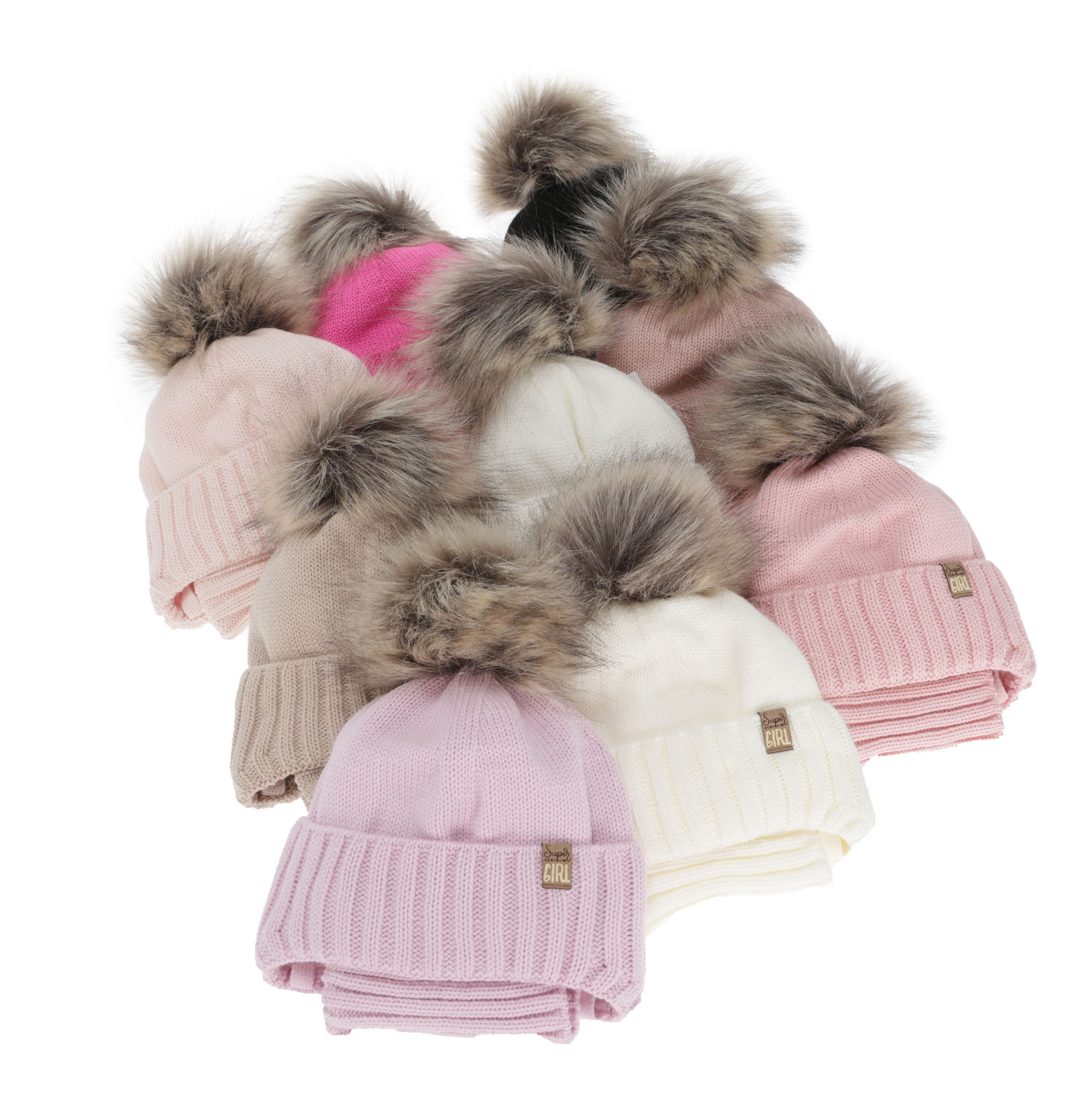Flicka vinter set: mössa och tubhalsduk, rosa, med pompom, Primula