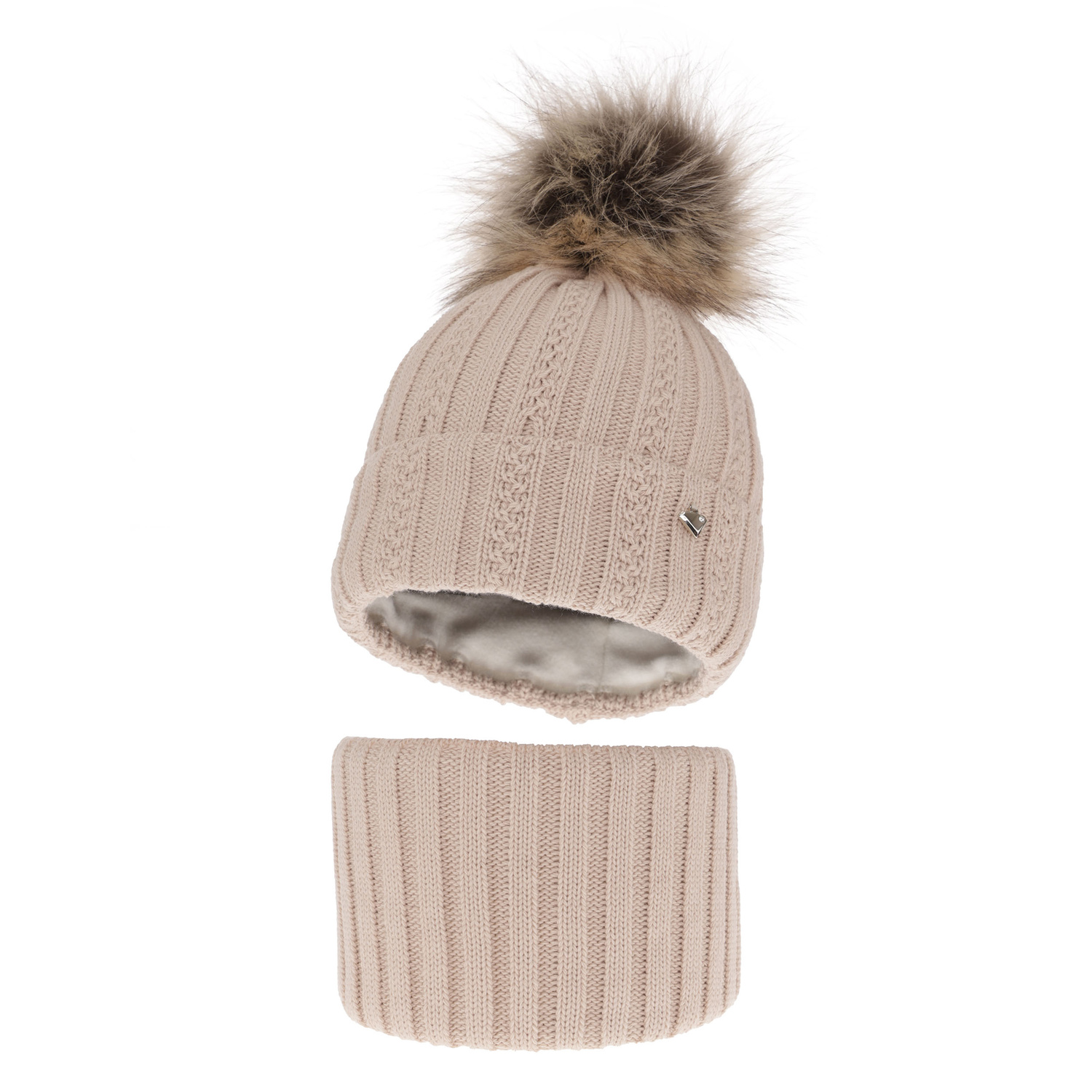 Flicka vinter set: mössa och halsduk, beige, med pompom, Wirginia