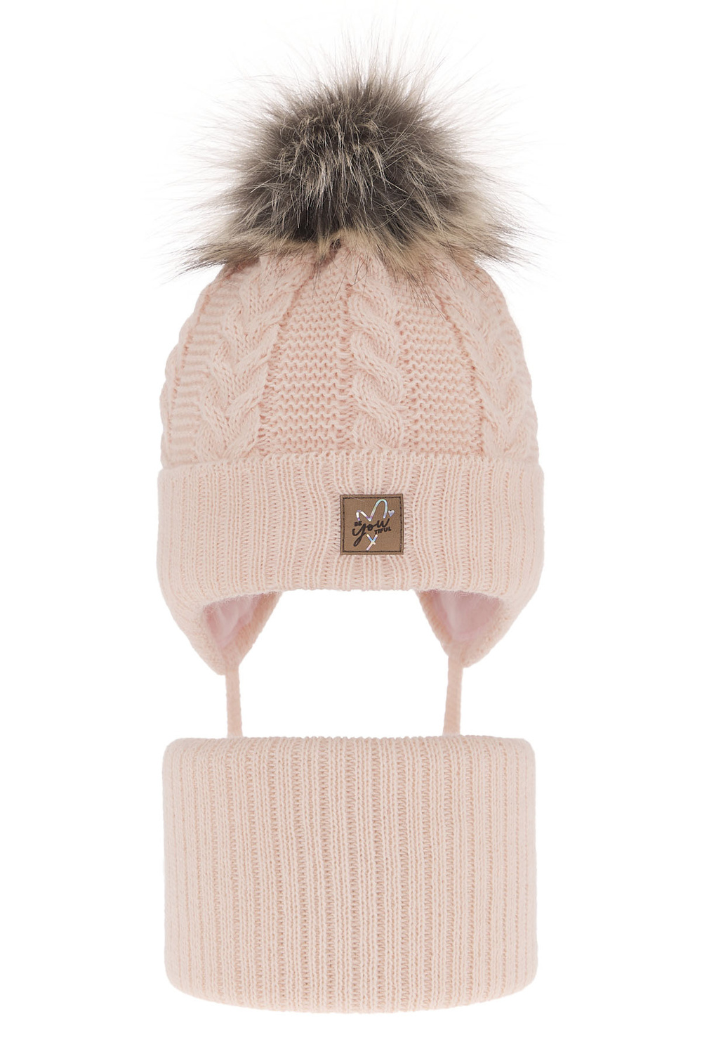 Flicka vinter set: mössa och halsduk, ljusrosa, med knytband, med pompom, Finess