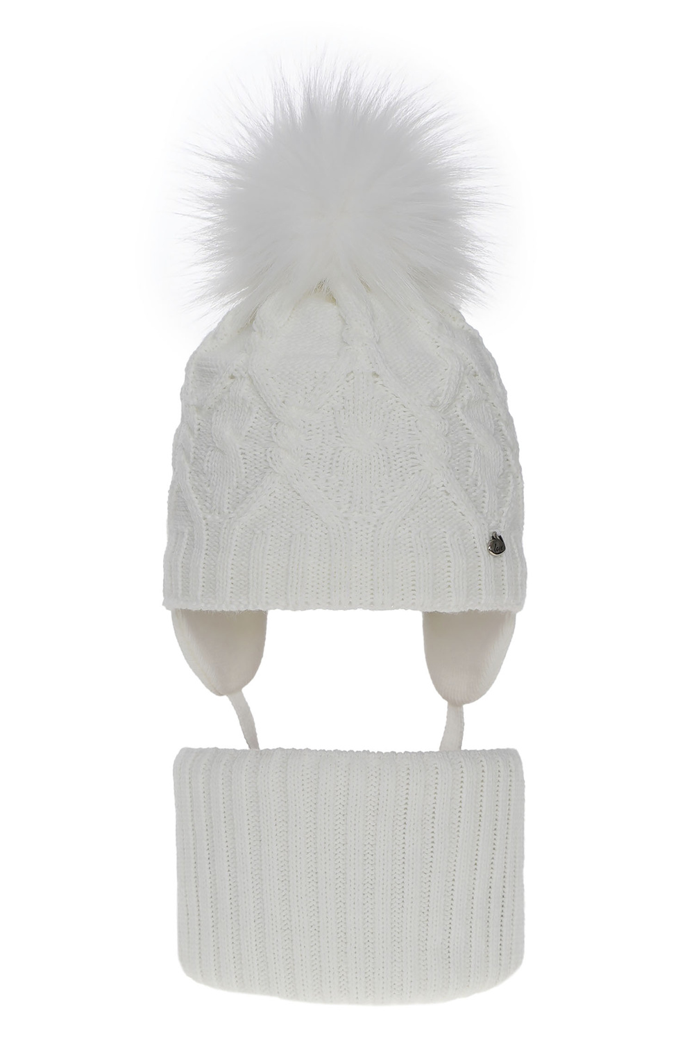 Flicka vinter set: mössa och tubhalsduk, vit, med pompom, Elena