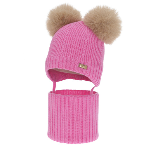 Flicka mössa och tubscarf, vinter set, rosa, 100% merinull, fodrad med ullfleece, Lumia