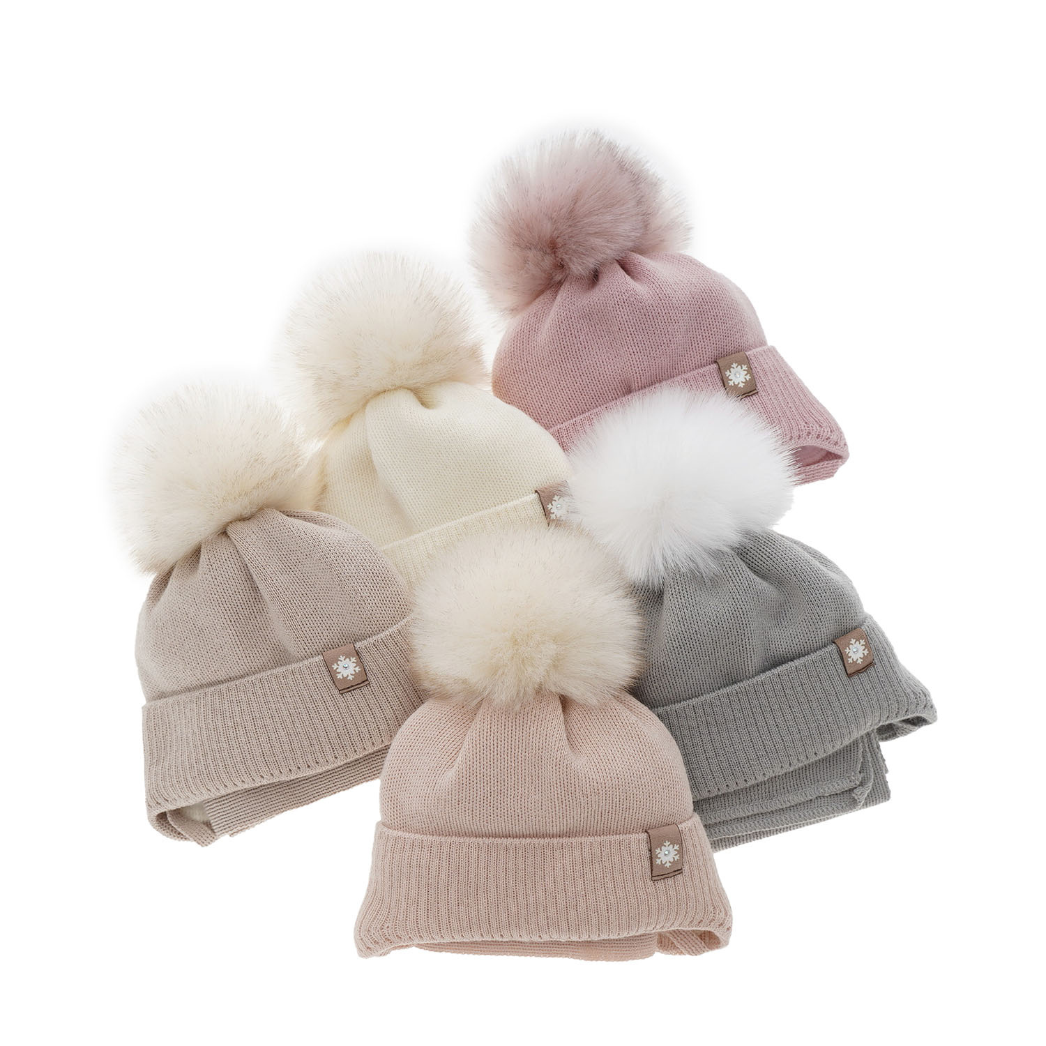 Flicka vinter set: mössa och halsduk, beige, med knytband, med pompom, med merinull, Arika