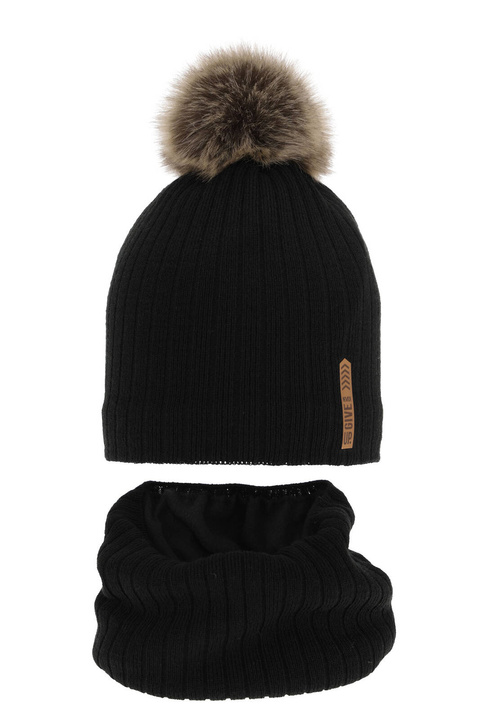 Pojke vinter set: mössa och tubhalsduk, svart, med pompom, fodrad med fleece, Kalen