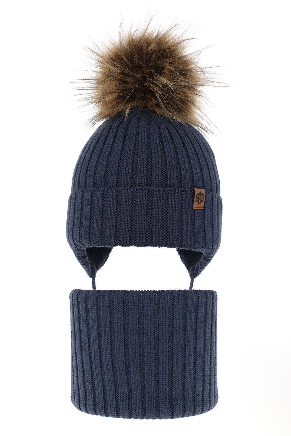 Pojke vinter set: mössa och halsduk, blå, med knytband, 100% Merino Ull, Juno