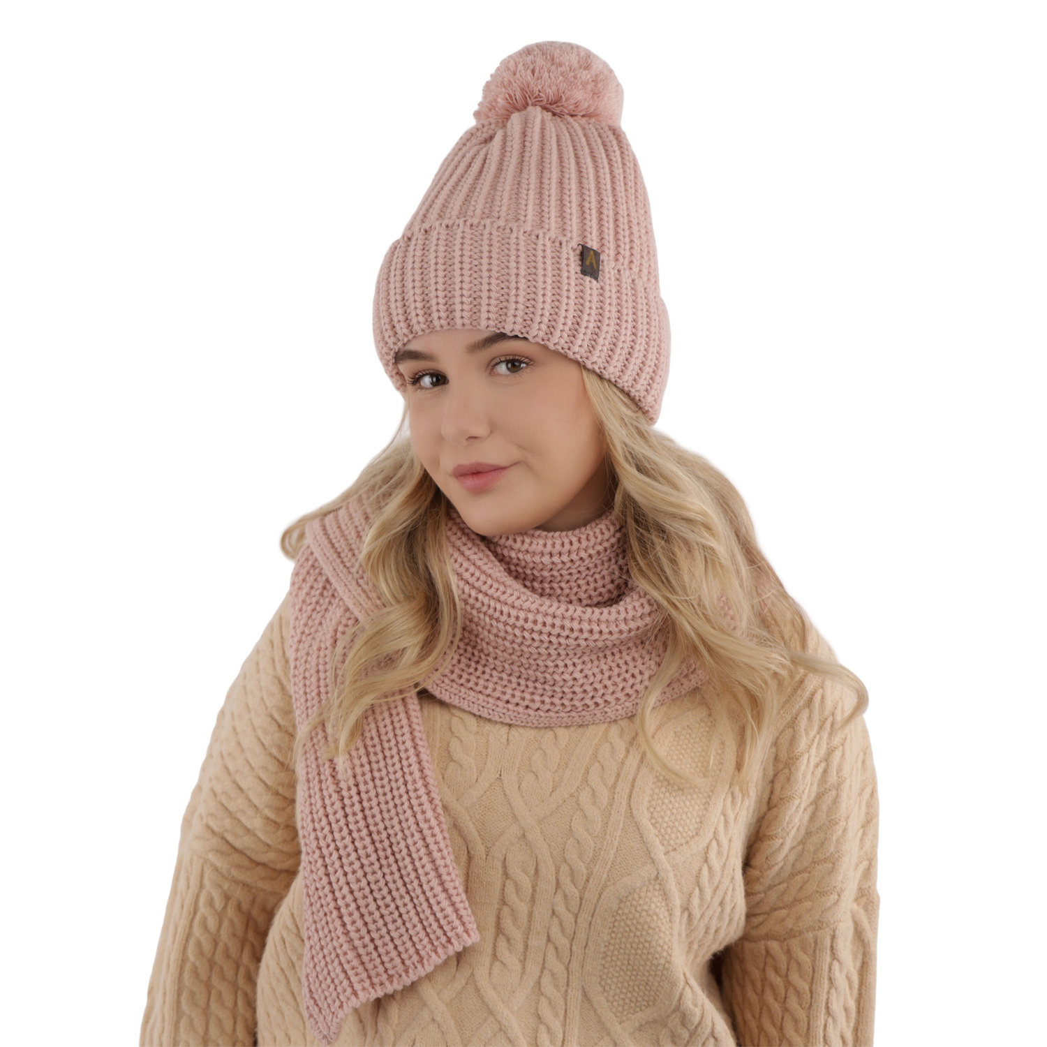 Dam vinter set: mössa och halsduk, rosa, med pompom, Lupita