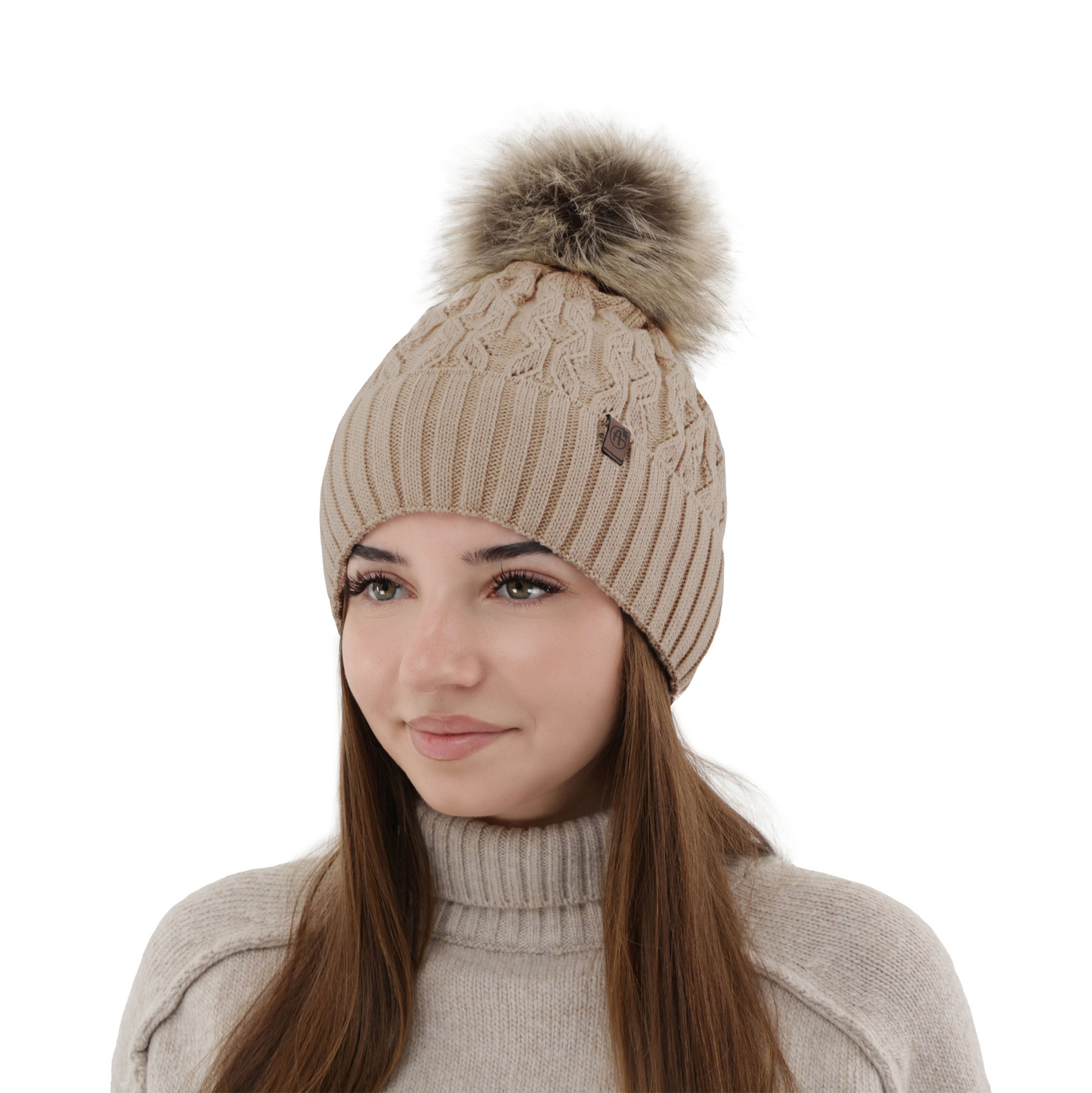 Dam vintermössa, beige, med pompom, Katty
