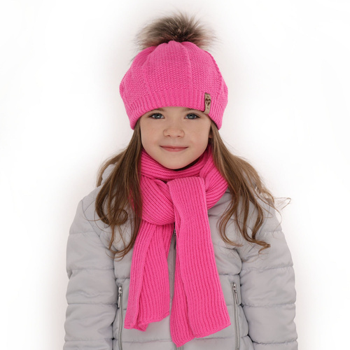 Flicka vinter set: beret och halsduk, rosa, med pompom, Elif