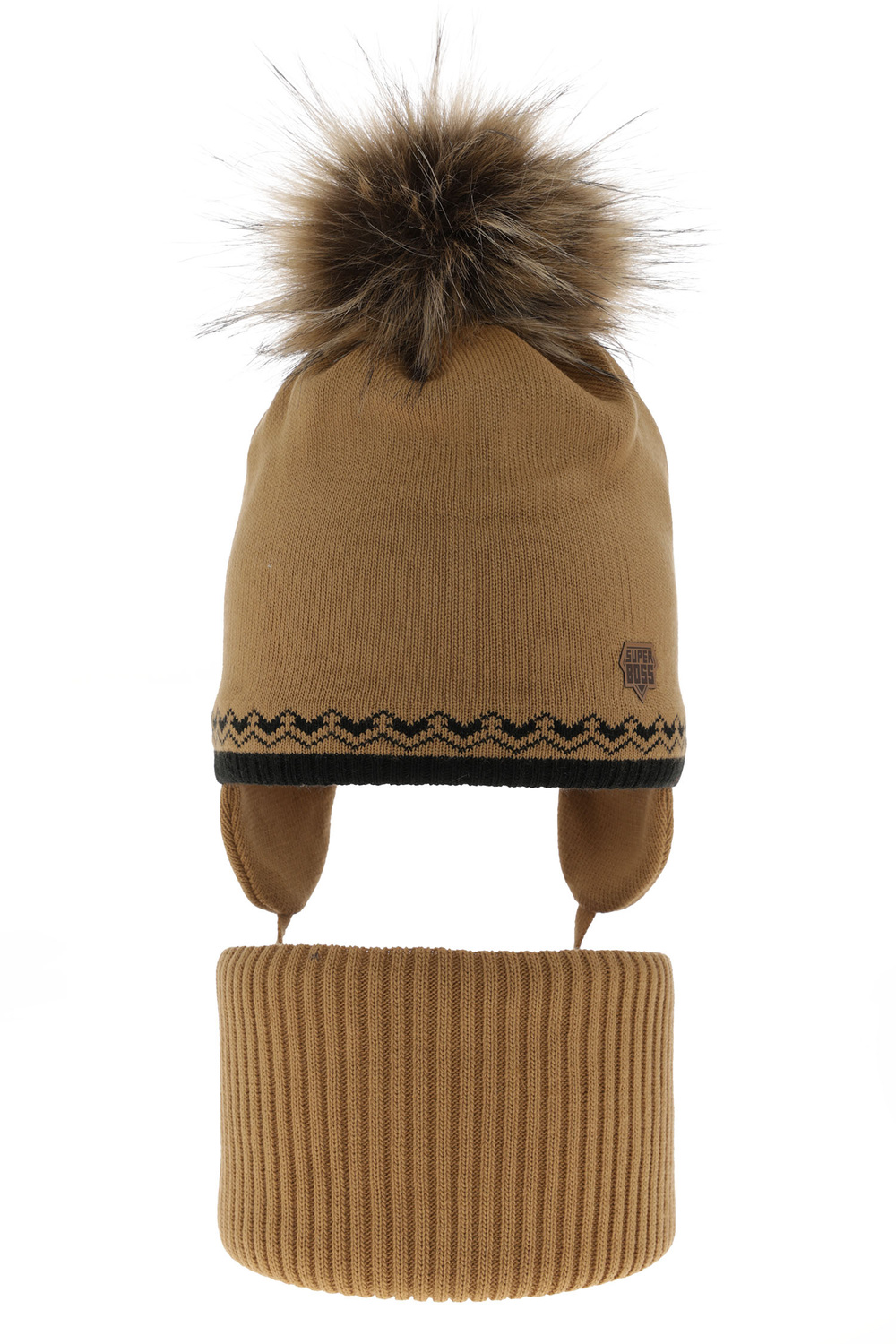 Pojke vinter set: mössa och tubhalsduk, camel, med pompom, Elpis