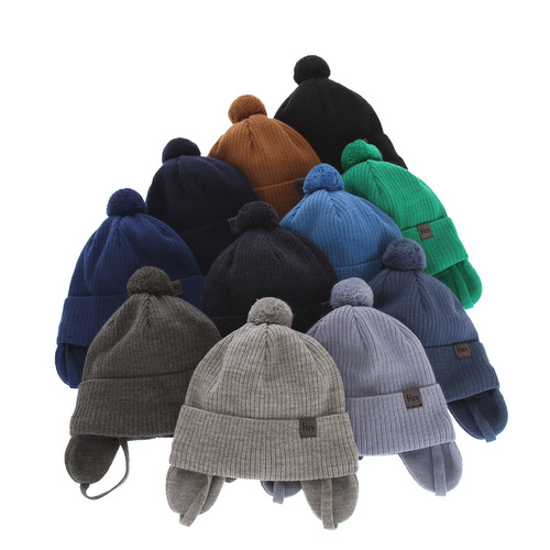 Pojke höst/vår mössa, ljusblå, med knytband, med pompom, Axel