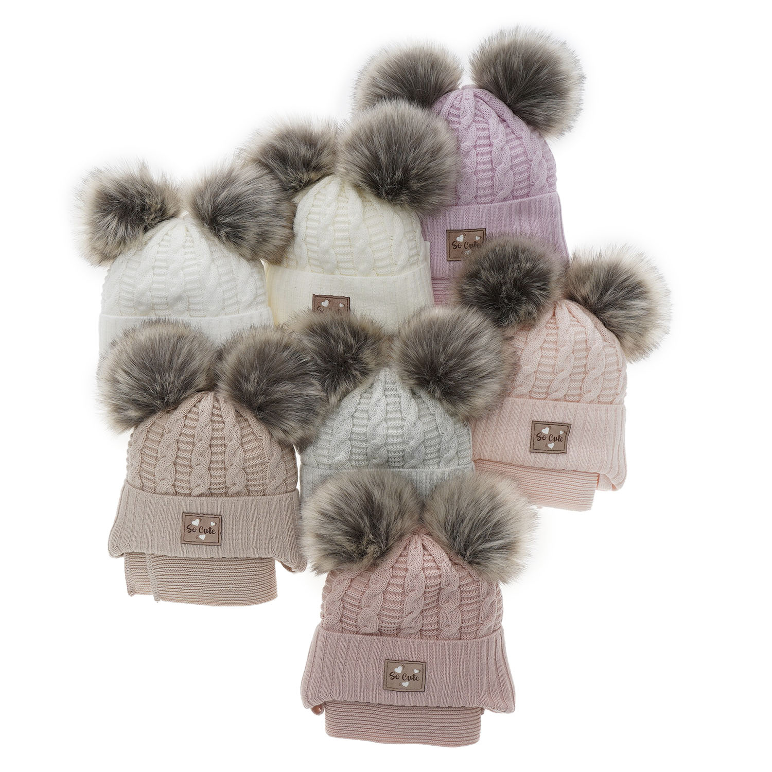 Flicka vinter set: mössa och halsduk, rosa, med två pompommar, med glittrande tråd, Klarita
