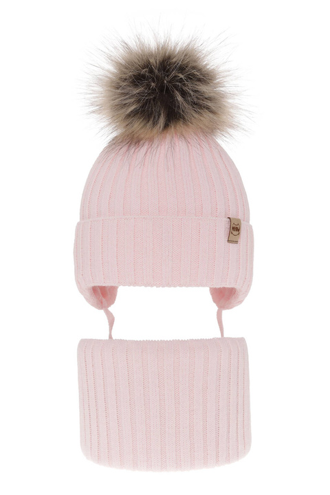 Flicka vinter set: mössa och halsduk, ljusrosa, med pompom, med knytband, Louisa