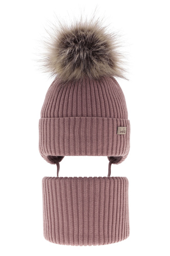 Flicka vinter set: mössa och halsduk, lila, med knytband, med pompom, Bria