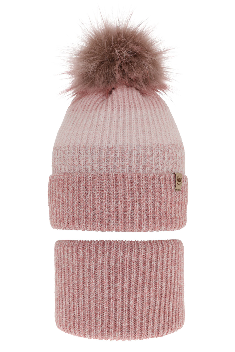Flicka vinter set: mössa och tubhalsduk, rosa, med pompom, Gimena
