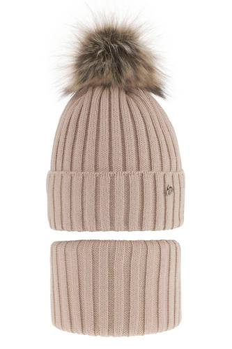 Flicka vinter set: mössa och halsduk, beige, med pompom, Wilma