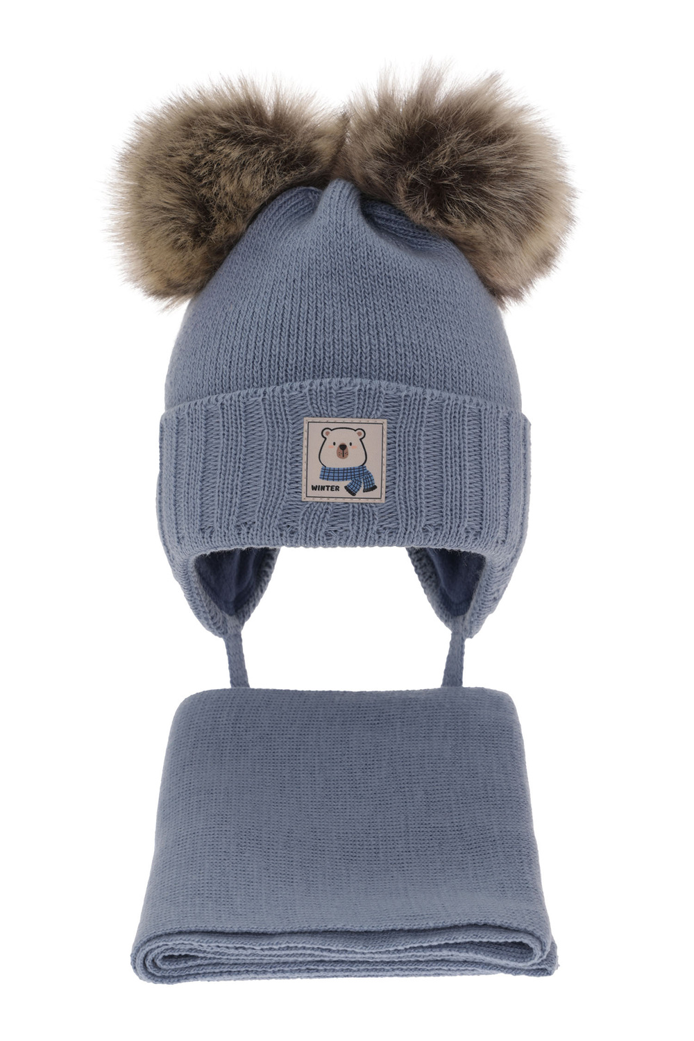 Pojke vinter set: mössa och halsduk, blå, med två pompommar, Jewel