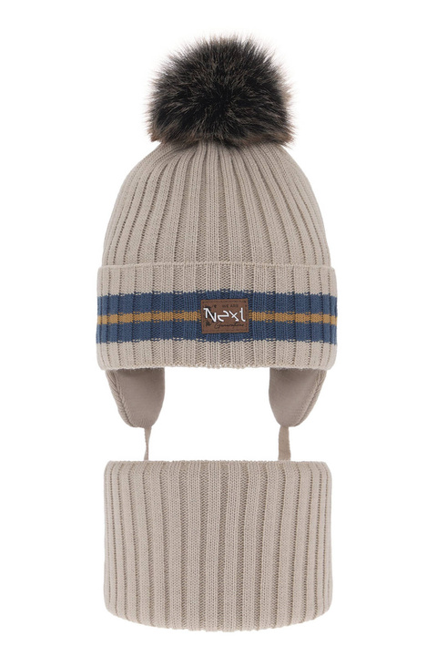 Pojke vinter set: mössa och halsduk, beige, med pompom, Echo