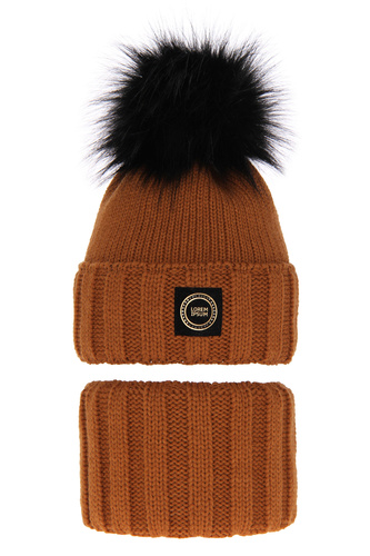 Flicka vinter set: mössa och tubhalsduk, brun, med pompom, Hendi