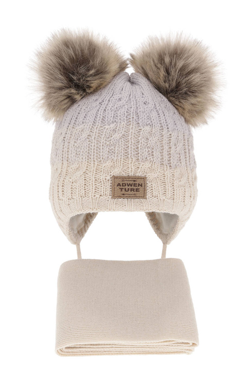 Pojke vinter set: mössa och halsduk, beige, med två pompommar, Platon