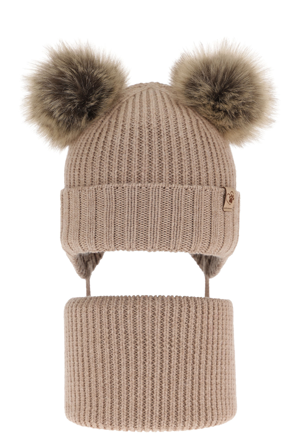 Flicka vinter set: mössa och halsduk, beige, med två pompommar, wiązany, 100% Merino Ull, Silvia
