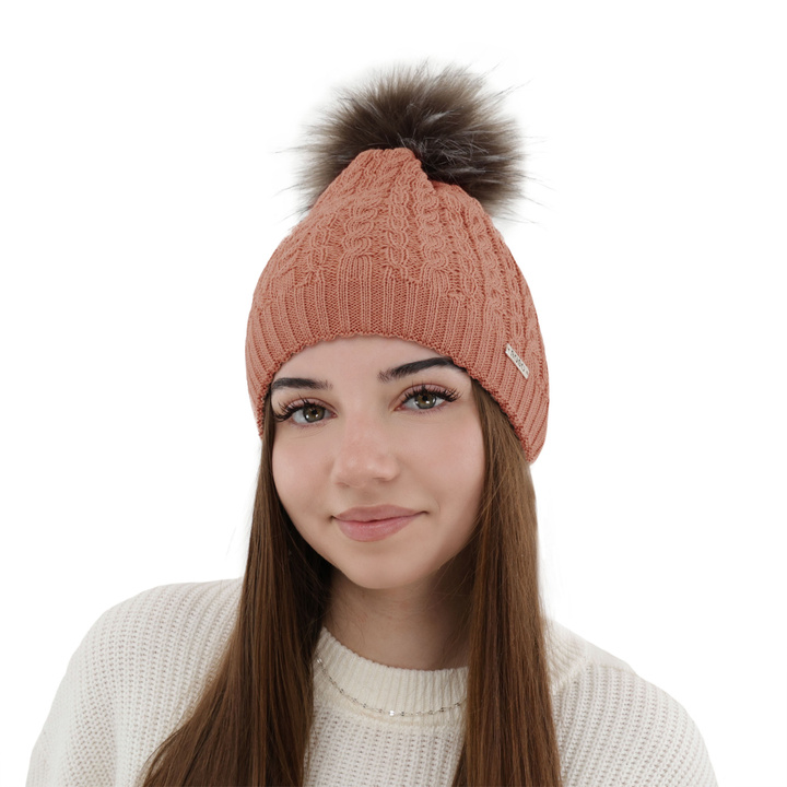 Dam vintermössa, rosa, med pompom, med merinull, Satina