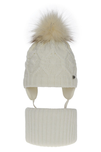 Flicka vinter set: mössa och halsduk, kremowy, med pompom, Elena
