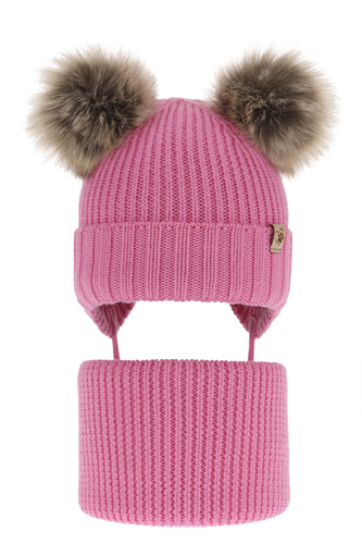 Flicka vinter set: mössa och halsduk, rosa, 100% Merino Ull, med två pompommar, wiązany, Silvia