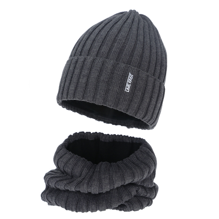 Pojke vinter set: mössa och tubhalsduk, grå, med merinull, fodrad med fleece, Banasko