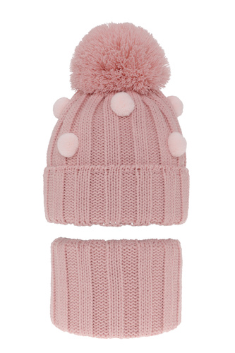 Flicka vinter set: mössa och tubhalsduk, rosa, med pompom, Hekate