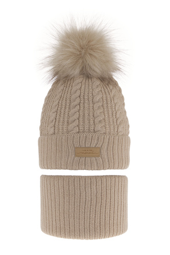 Flicka vinter set: mössa och tubhalsduk, beige, med pompom, Alika