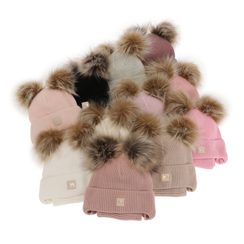 Flicka vinter set: mössa och tubhalsduk, beige, med två pompommar, knytband, Kiara