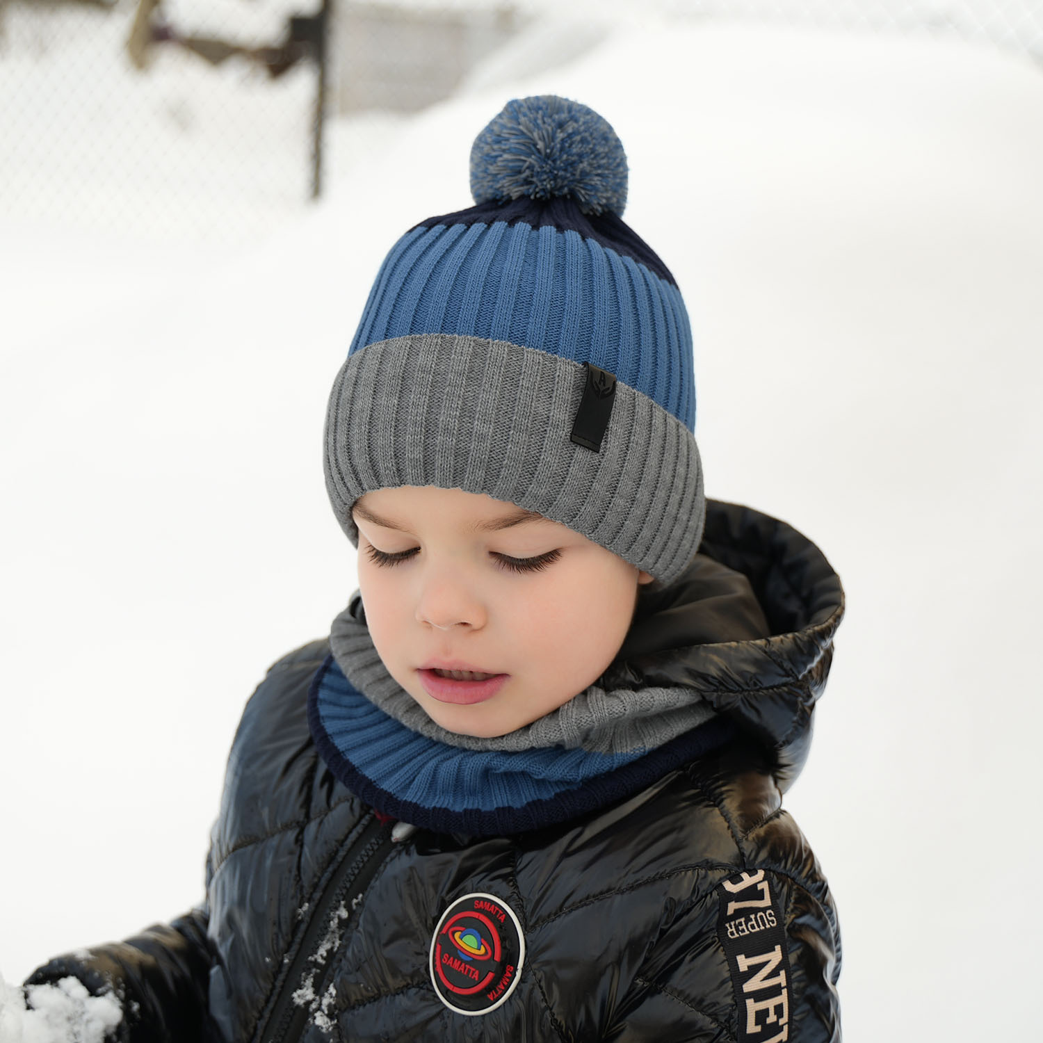 Pojke vinter set: mössa och halsduk, röd, med pompom, Karson