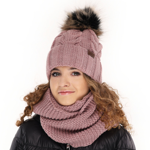 Flicka vinter set: mössa och tubhalsduk, grå, med pompom, Torina