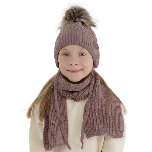 Flicka vinter set: mössa och halsduk, lila, med pompom, med knytband, Zelta