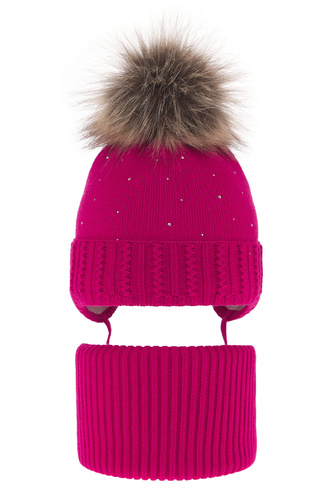 Flicka vinter set: mössa och halsduk, rosa, med pompom, Renia
