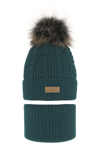 Flicka vinter set: mössa och halsduk, smaragdgrön, med pompom, Alika