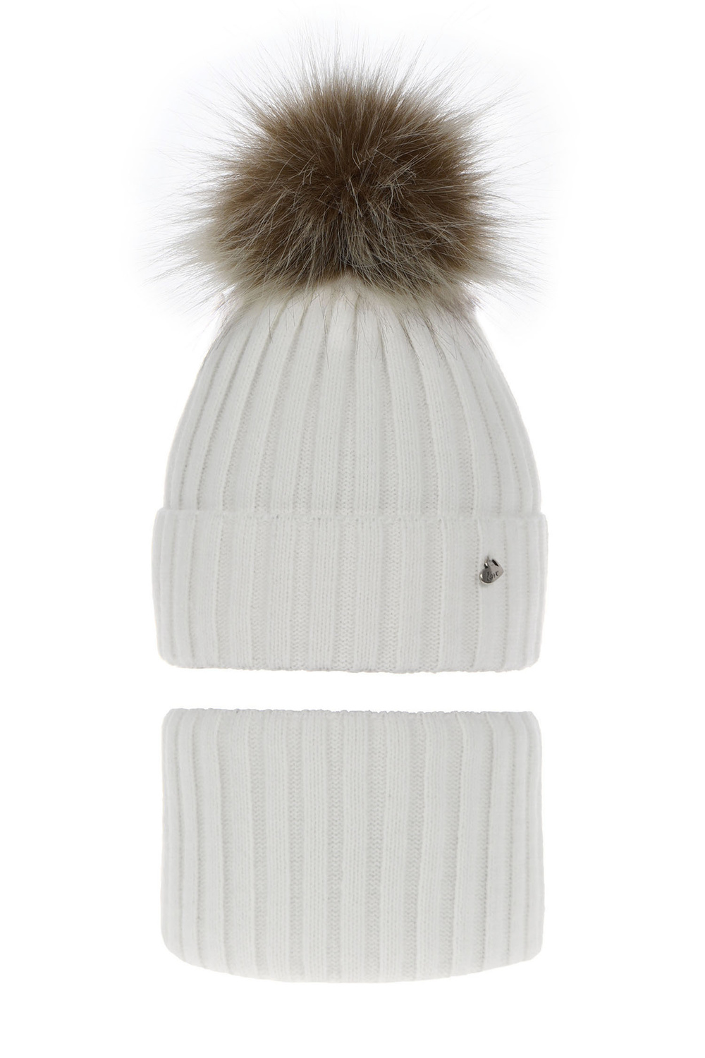 Flicka vinter set: mössa och tubhalsduk, vit, med pompom, Wilma