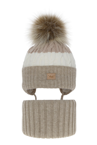 Flicka vinter set: mössa och tubhalsduk, beige, med pompom, Riviera