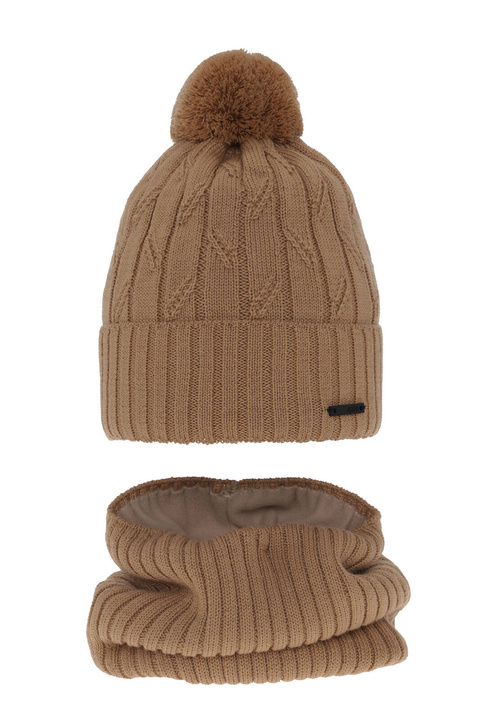 Pojke vinter set: mössa och tubhalsduk, camel, med pompom, med merinull, Talar