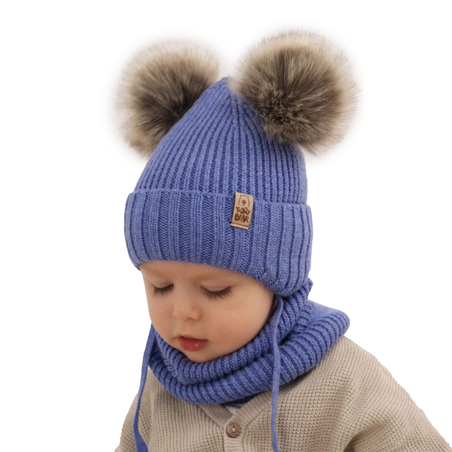 Pojke vinter set: mössa och tubhalsduk, beige, med knytband, 100% Merino Ull, Konor
